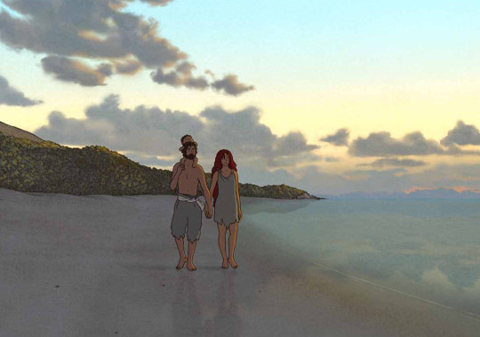Le couple et l'enfant sur la plage dans La Tortue Rouge