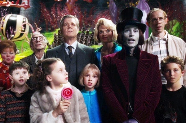 Les enfants et leurs parents dans Charlie et la chocolaterie de Tim Burton