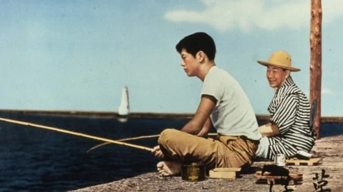 Une scène de pêche près du phare dans Herbes flottantes d'Ozu