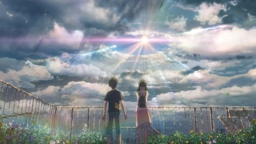 Hodaka et Hina devant le soleil dans Les Enfants du temps de Makoto Shinkai