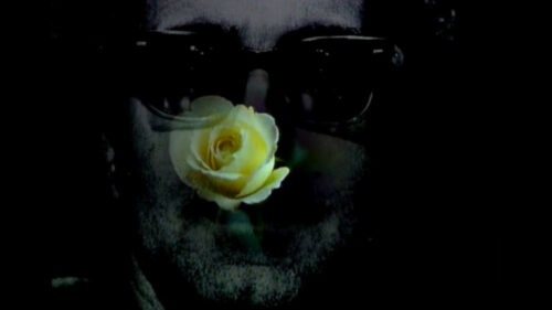 Jean-Luc Godard avec une rose en bouche dans Histoire(s) du cinéma