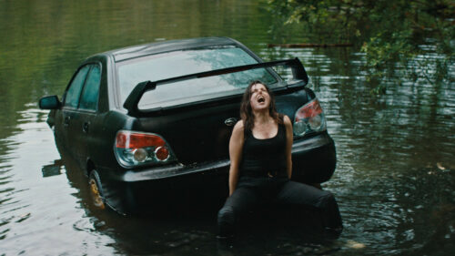 Laure Calamy dans la scène où sa voiture tombe dans l'eau dans Bonne conduite