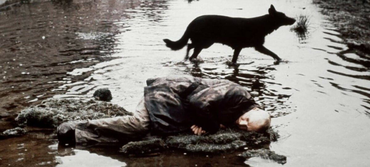 Alexandre Kaïdanovski le stalker couché dans la flaque près du chien dans Stalker de de Andreï Tarkovski